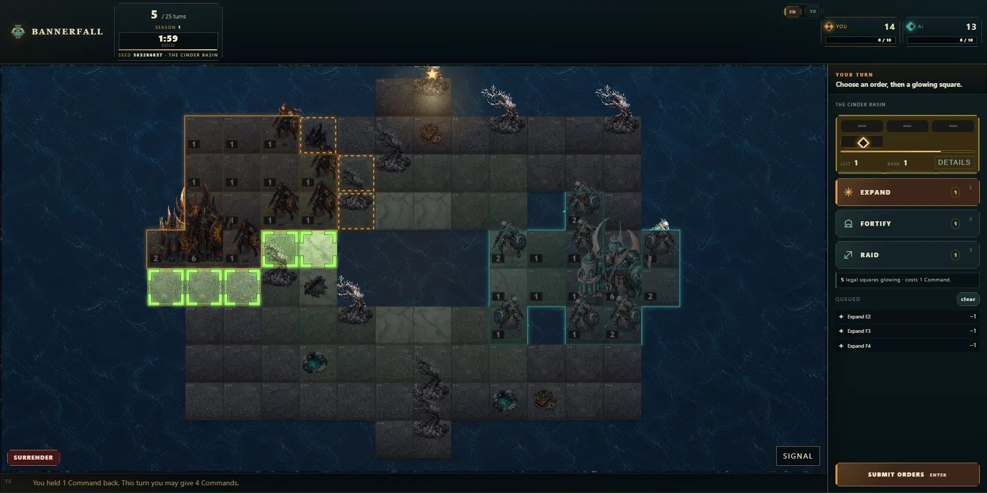 Three Commands queued on a live Bannerfall battlefield